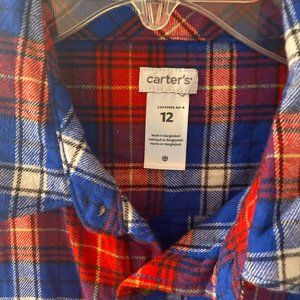 CARTERS KIDS NWT RED/WHITE/BLUE COTTON FLANNEL BUTTONDOWN SHIRT LONG SLEEVE SZ12